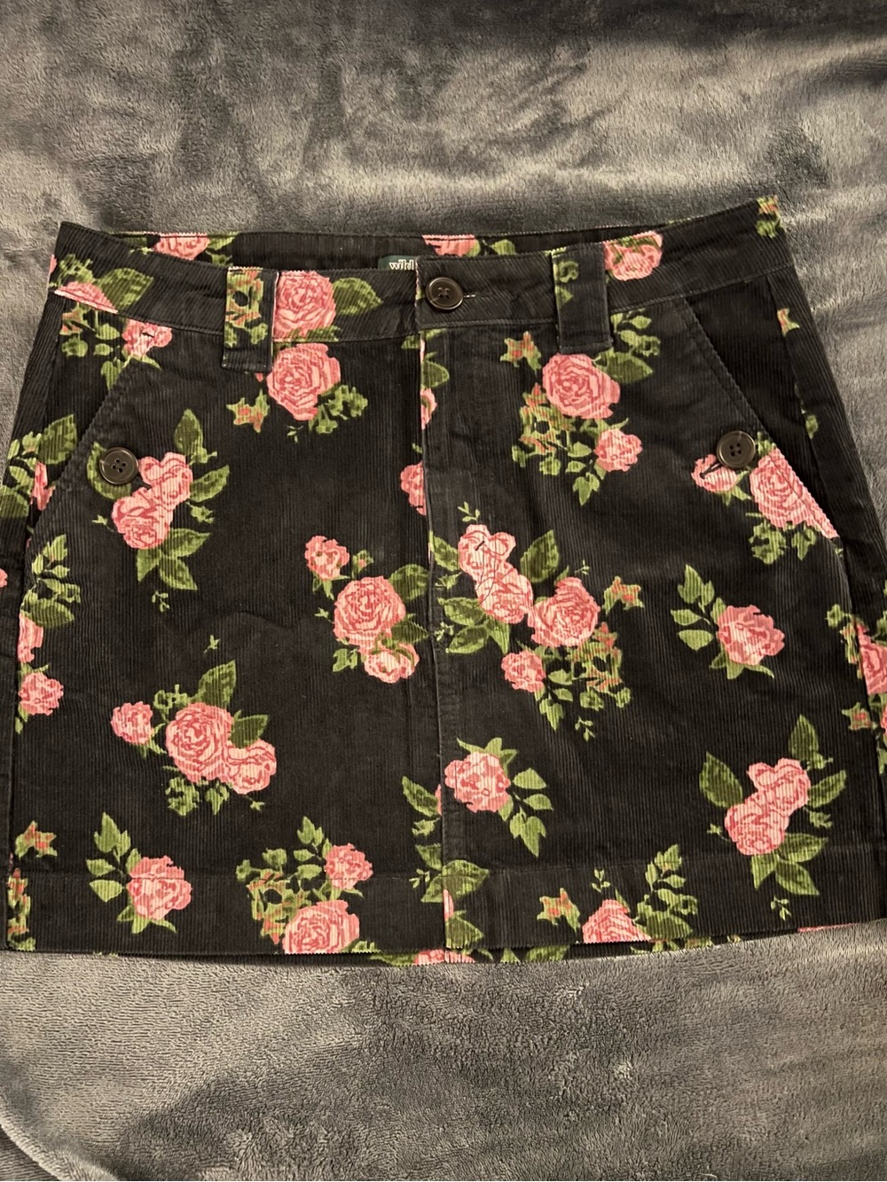 Black Floral Corduroy A-Line Mini Skirt - Pink Rose Print Wild Fable Size 6
